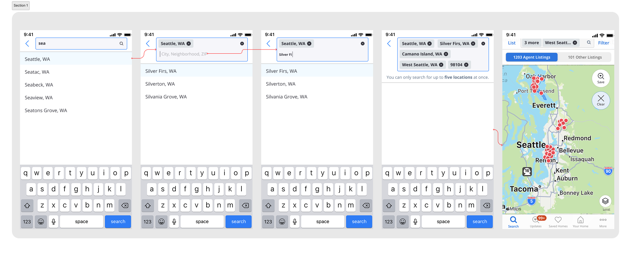 Multi-region search flow: typing a location, adding up to five, and the resulting map